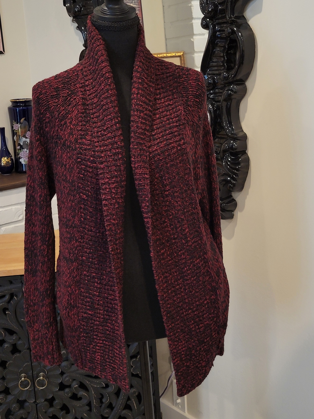 Talula Open-Front Marled Knit Cardigan in Black and Red